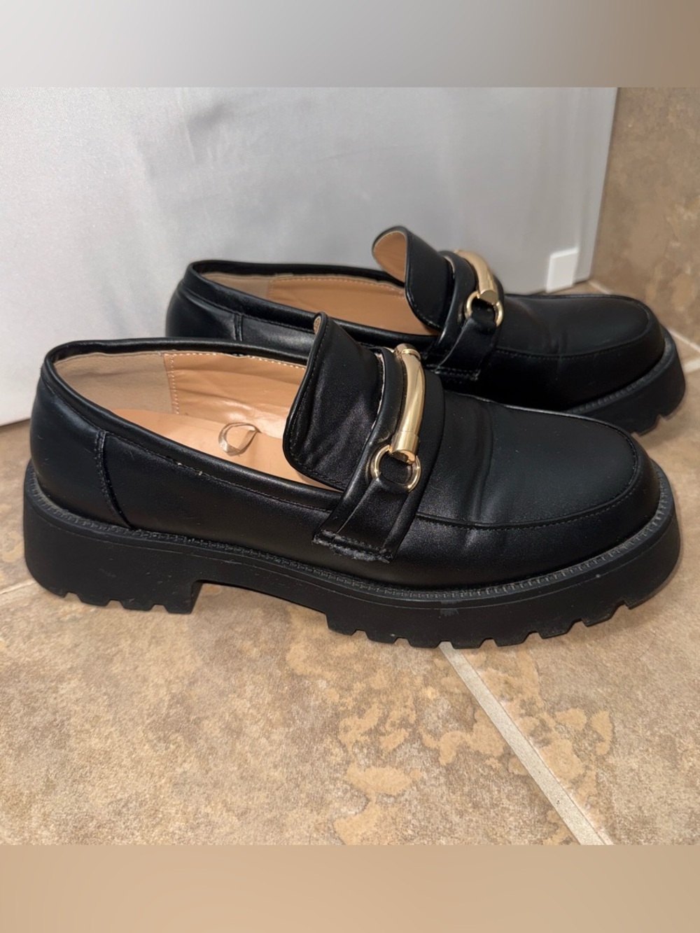 Black Leather Chunky Loafers with Gold Bit Accent
